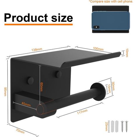 Toilet Paper Holder, Wall Mounted Toilet Paper Holder, 304 Stainless Steel Toilet Roll Holder, Installation with Screws or 3M Self-Adhesive, Black, One Size (1/5)