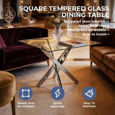 Dining Table with cross metal leg and tempered glass,Modern Space Saving Kitchen Table for Living Room,chrome legs,Square table,silver legs,80x80x75cm (1/5)