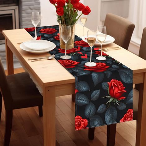 Chemise De Table - Linen - 33 X 90 Cm - Rouge Avec Motif De Roses - Pour Décoration De Table De Cuisine Salon Fête De La Saint Valentin - 1 Pièce (1/5)