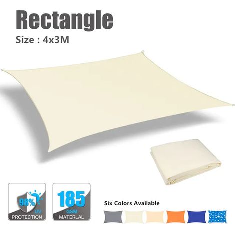 Voile d'ombrage rectangulaire 4x3m étanche, protection solaire UV, auvent extérieur pour terrasse, jardin, camping, tonnelle imperméable, grand pare-soleil beige. (1/3)