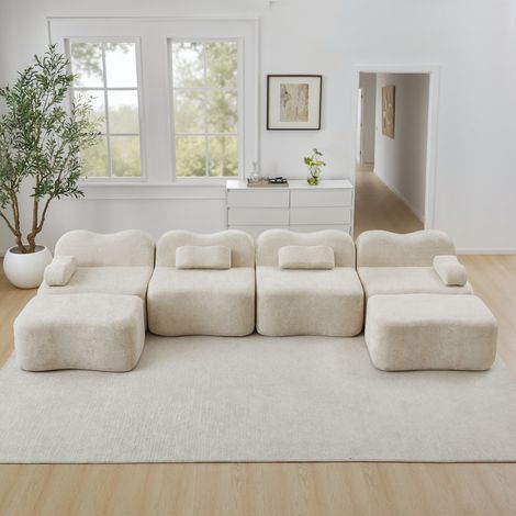 Canapé modulaire U 4 places beige forme de vague avec 2 ottomans. Mousse 32D, coussins mobiles et tissu doux adapté au salon