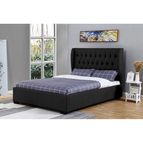 Lit Coffre Clarisse Capitonnée en Tissu Lin Noir (140 X 190 CM) (1/4)