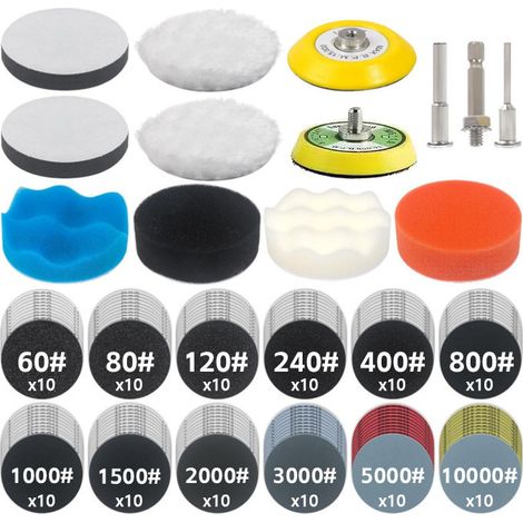 133-teiliges 3-Zoll-Schleifpapier- und Polierpad-Set, Schwammpolierpad, Wollpad, geeignet für elektrische Bohrmaschinen, Autopolitur, Metall- und Holzoberflächenschleifen. (1/3)