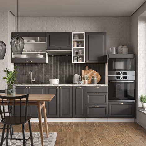 Cucina componibile Fame-Line, Antracite-Oro/Bianco, 280 cm , PL Antracite, Vicco