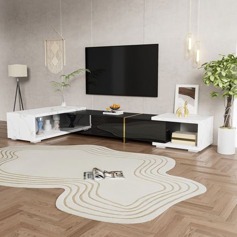 Meuble tv extensible 140‑260 cm, fonction rotative, marbre blanc et finition noir laqué avec détails dorés (1/5)