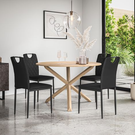 Malvern Round Dining Table And Chairs - Oak Table Top w Solid Oak Legs + Monza Faux Leather Dining Chair Set Of 4 (Black) (1/5)