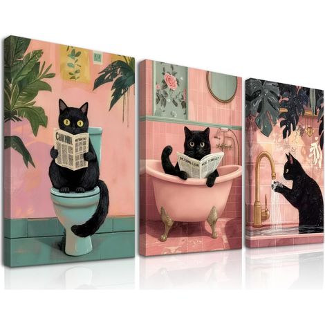 Lot de 3 Encadré Affiches Salle de Bain Rose, Chat Noir Rétro Lisant Dans Baignoire Rose pour Toilette WC 30x40 cm (1/5)