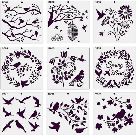 9 pochoirs à motifs floraux et d'oiseaux pour la création de cartes et le dessin par les enfants