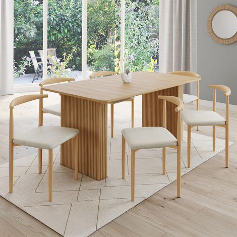 Lote de 6 sillas de comedor NOE de imitación madera y asientos de tela beige (1/5)