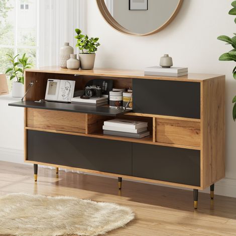 Sideboard Mit 2 Schubladen, 2 Klapptüren, 2 Seitentüren und 1 Offenem Fach, Wohnzimmer, aus PB und MDF, Schwarz und Natur, 140×40×84.5 cm (1/5)