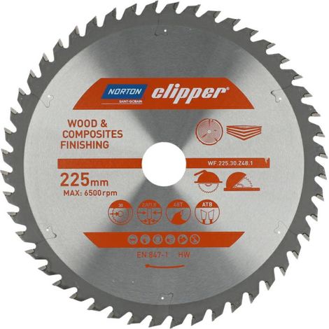 Scie circulaire Norton 225mm x 30mm x 48T (2,8 / 1,8) , coupe transversale, pour le bois et les composites, géométrie ATB, dents en carbure, haute durabilité, 9500 rpm