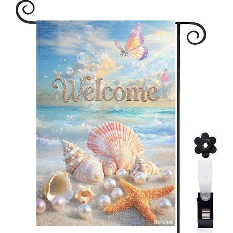 Drapeau de jardin décoratif 30 x 45 cm motif coquillages étoiles de mer et sable toile double face durable (1/5)