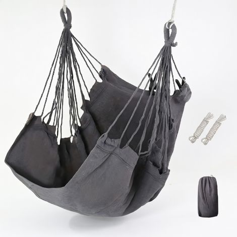 Chaise hamac suspendue en toile grise avec sangle et pochette (1/5)