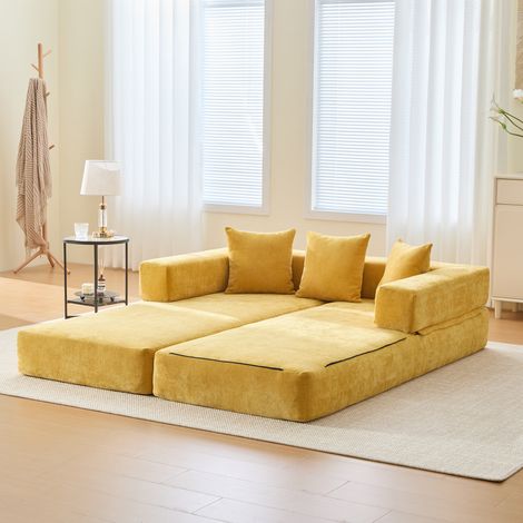 Modulares Chenille-Sofa mit Seitentaschen und rutschfester Unterseite Senfgelb OKWISH (1/5)