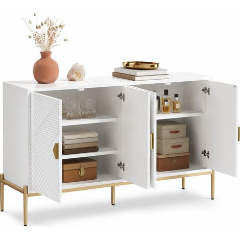 Buffet de rangement moderne 4 portes blanc, motif géométrique, poignées dorées, pieds métal, 162 x 40 x 80 cm, pour salon, salle à manger ou entrée  CHICFURN (1/5)