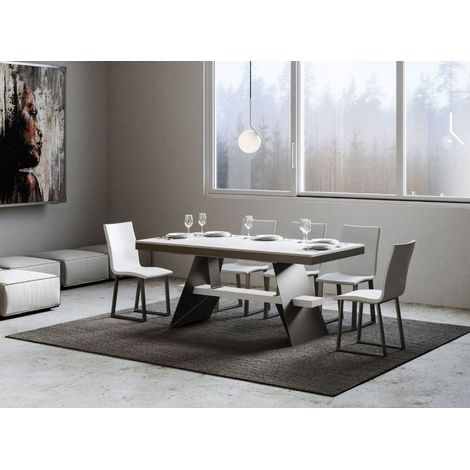 Table à rallonges frêne blanc et pieds métal gris 6 à 12 places L 160 à 264 cm Bary (1/5)