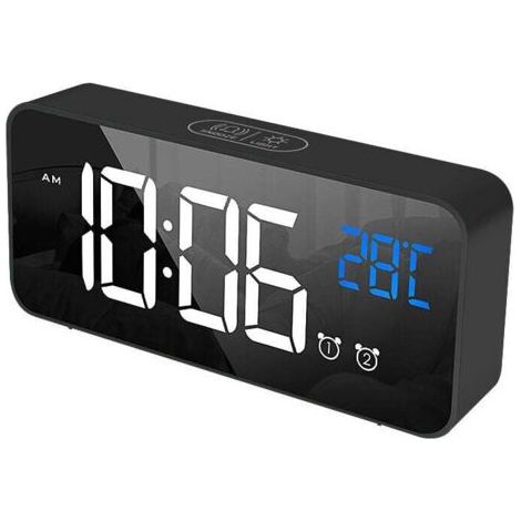 Réveil numérique noir, horloge numérique réveil LED, température moyenne de l'aube numérique/sieste/2 réveils/12/24 heures/port de chargement USB/13 chansons (1/4)