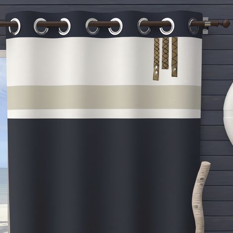 Soleil D Ocre – Rideau à oeillets en coton 135x250 cm – Finition 8 œillets inox anti-rouille – Motif décoratif bleu, blanc et taupe – Entretien facile (1/2)
