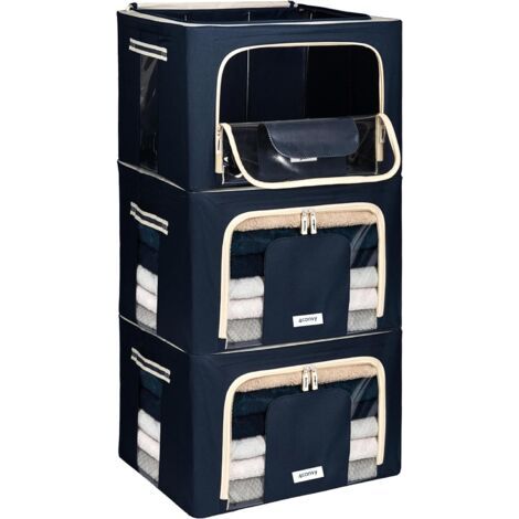 Sac de Rangement Vêtements avec Fermeture Éclair - Housse de Rangement pour Couette, Draps - Stable – Boîtes de Rangement Vêtements Empilables avec Cadre Métallique - Pliables - 3x66L
