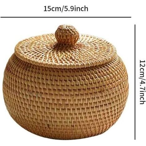 Pair Lntyq – Panier de rangement en rotin naturel avec couvercle rond – Dimensions 15 x 12 cm – Pour chambre, salon, bureau, cuisine