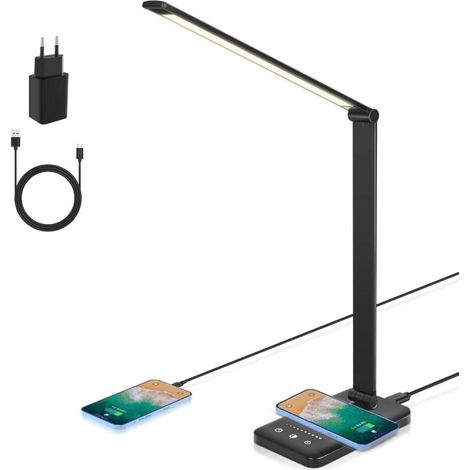 Lámpara de escritorio LED, lámpara de mesa regulable con carga inalámbrica, 7,5 W y puerto de carga USB, lámpara de lectura para protección ocular, 5 niveles de brillo, 5 colores [Clase energética F] (1/5)