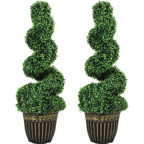 Set di 2 piante artificiali, siepi a spirale di bosso con vaso, per decorazione di interni ed esterni, 90 cm.