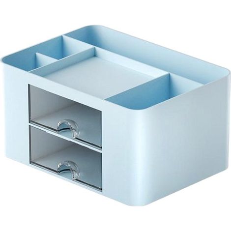 Organizador de escritorio multifuncional，caja de almacenamiento de plástico con 5 compartimentos，2 cajones，organizador de maquillaje，azul (1/5)