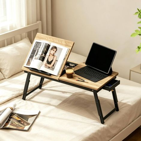 Tavolino pieghevole per laptop 83,5x33x34 cm in bambù e MDF nero con cassetto FloraGrace (1/5)