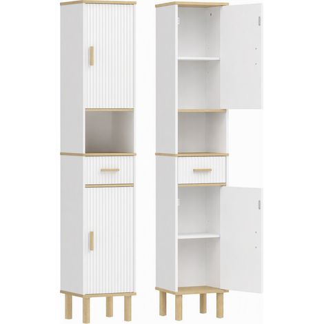 HOMCOM armario de baño alto, mueble auxiliar de baño estrecho con estantes ajustables, cajón, compartimento abierto, 31,5x29,7x171,5 cm, blanco (1/5)