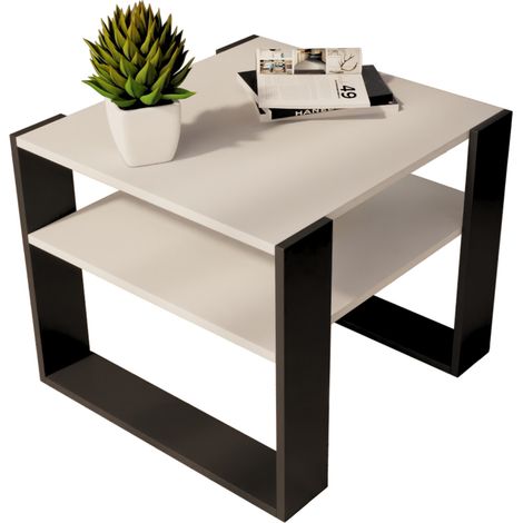 Table basse blanche 55x55cm style loft rétro, banc (1/5)