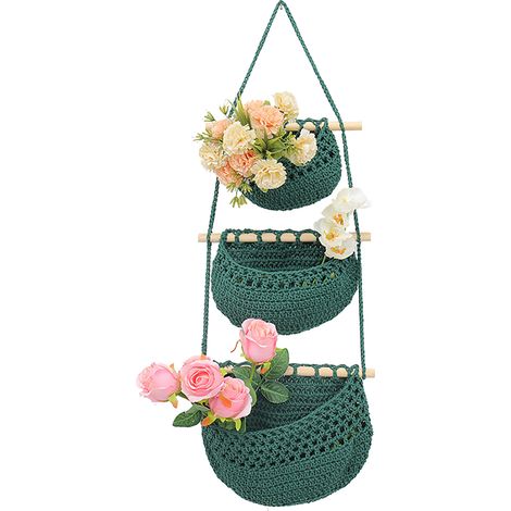 Cesta de tres niveles de estilo bohemio tejida a mano para frutas o plantas, bolsa de malla con estampado verde para decoración del hogar.