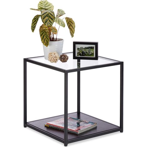 Noir d’appoint Carrée en Verre + Bois, Cadre en Métal Robuste, Table basse de Salon 50x50x50 cm, 50 x 50 x 50 cm (1/5)