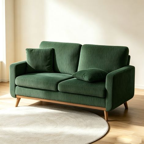Grand Canapé droit 2/3 places en velours côtelé Vert – Dimensions 172x84x86cm – Structure en bois massif – Garnissage mousse haute résilience-Tapis beige offre (1/5)