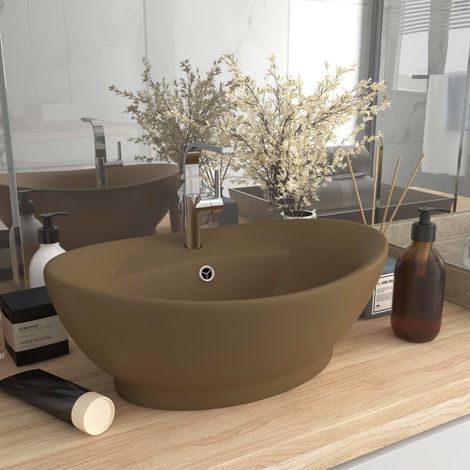Vasque de luxe avec trop-plein, ovale, crème mate, 58,5 x 39 cm, céramique