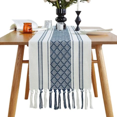 Chemin de Table Bohème à Pompons 35,5 x 229 cm - JINFGERNE - Élégance en Bleu Marine et Crème pour Décoration Intérieure - Idéal pour Fêtes et Cadeaux