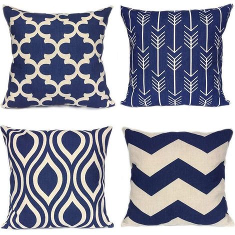 Housse de coussin décorative bleu marine, extérieur intérieur canapé, coton lin, 45 x 45 cm, lot de 4, housse de coussin géométrique pour salon (1/5)