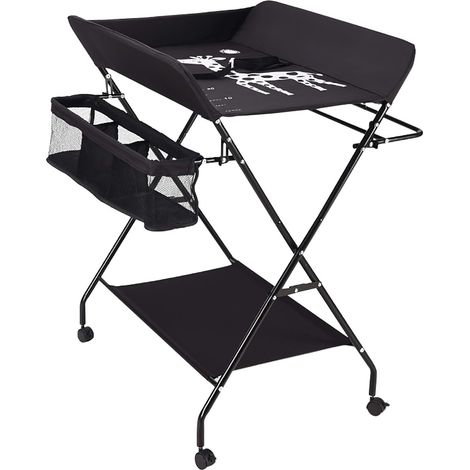 Table à langer Pliante pour naissance de bébé avec Panier de Rangement à Côté Structure en Fer Charge Max 25KG amovible et pliable pour le rangement facile à utiliser de 0 à 12 mois (Avec roues, Noir) (1/5)