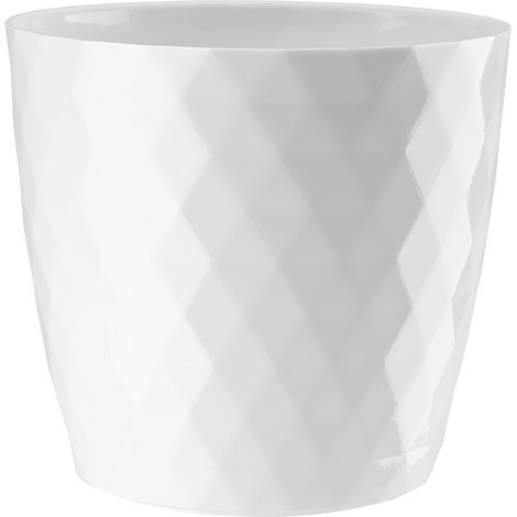 Maceta de plástico Cristal de 20 cm, blanca brillante, con estampado geométrico de diamantes. (1/3)