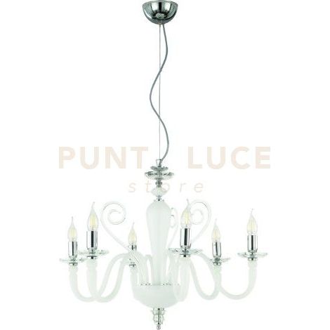 LAMPADARIO DEBUSSY 6 LUCI BIANCO SATINATO CROMO ATTACCO E14 D.72CM