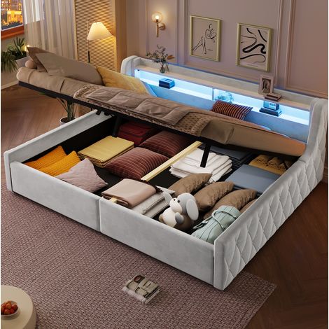 Cama de adulto de 140x200 cm con almacenamiento hidráulico y cabecero LED, estructura de franela - beige claro (1/5)