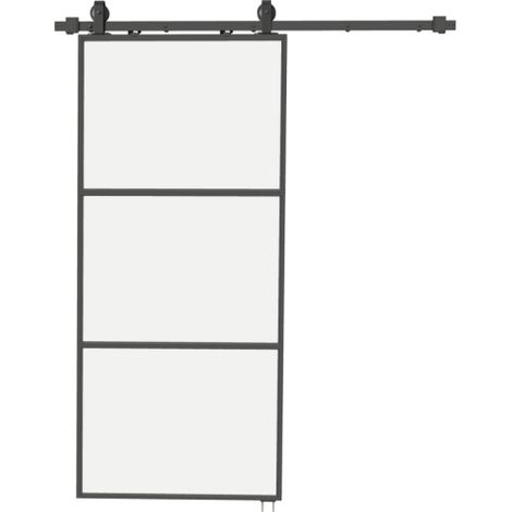 Porta scorrevole con vetro satinato, sistema di binari, kit di montaggio, meccanismo di chiusura ammortizzata, facile da assemblare, acciaio, nero. Consegna in loco. (1/5)
