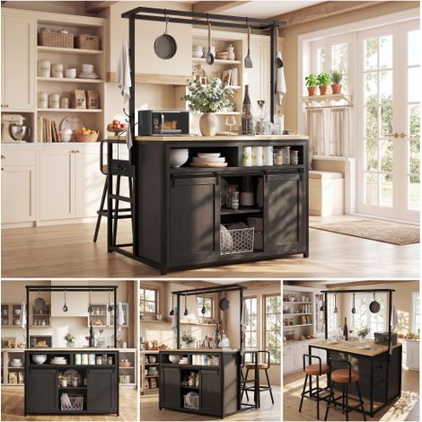Ensemble îlot de cuisine (incluant 2 tabourets de bar) : Îlot de cuisine avec prises électriques et tabourets de bar assortis finition bois/noir convient aux cuisines et espaces repas. (1/5)