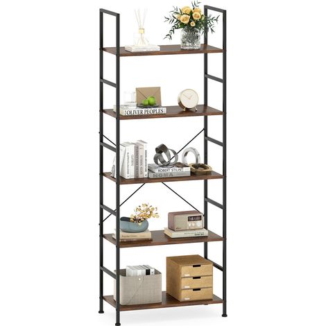 Libreria a 5 ripiani, 160 cm, marrone rustico, struttura in metallo
