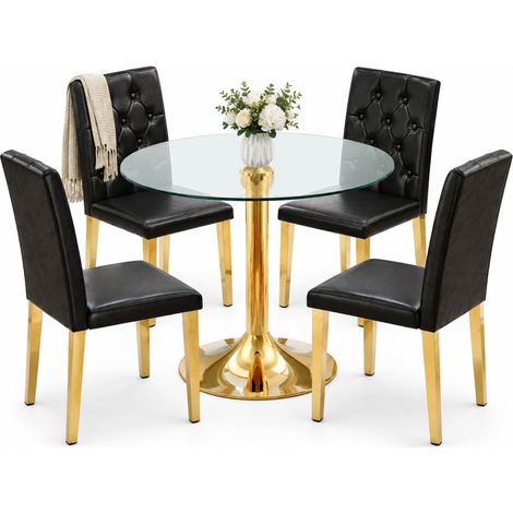 ELVMI Tisch- und Stuhlset mit 1 Rundem Tisch und 4 Esszimmerstühlen, Glas und Metall, Schwarz und Gold (1/5)
