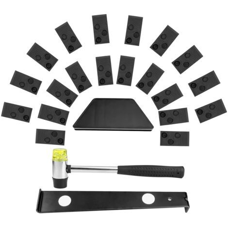 Kit d'installation de revêtement de sol stratifié, comprenant 20 cales, une barre de frappe, une barre de traction et un maillet. (1/5)