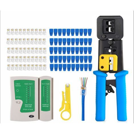 Testeur de câble + outil à sertir RJ45 pour passer à travers CAT6 Cat5e Cat5 Outil à sertir pour RJ45/RJ11 standard, 50 connecteurs CAT5 CAT5e (1/5)