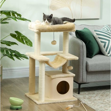 Árbol para gatos 48 x 48 x 90 cm con hamaca, caseta, cesta y juguete, crema OKMYHOME (1/5)