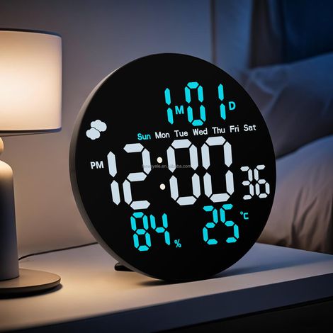 Horloge électronique numérique ronde à grand écran de 10 pouces, réveil LED, horloge murale, avec affichage de la météo, de la température, de l'humidité et du calendrier.