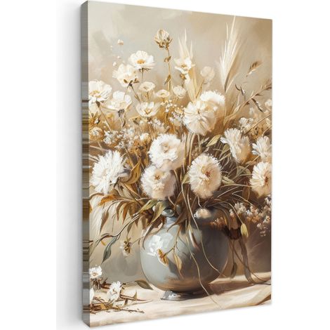 TABLEAU SUR TOILE Fleurs - Vase - Nature morte - Beige Tableau Décoration Murale 60x90 cm