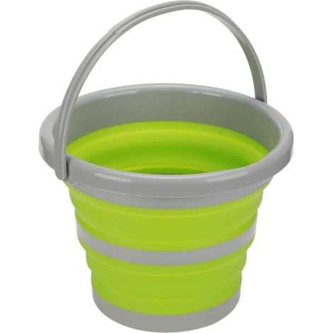 Seau pliable avec poignée portable, facile à suspendre, en silicone vert, pour voiture, camping, petit format. (1/5)
